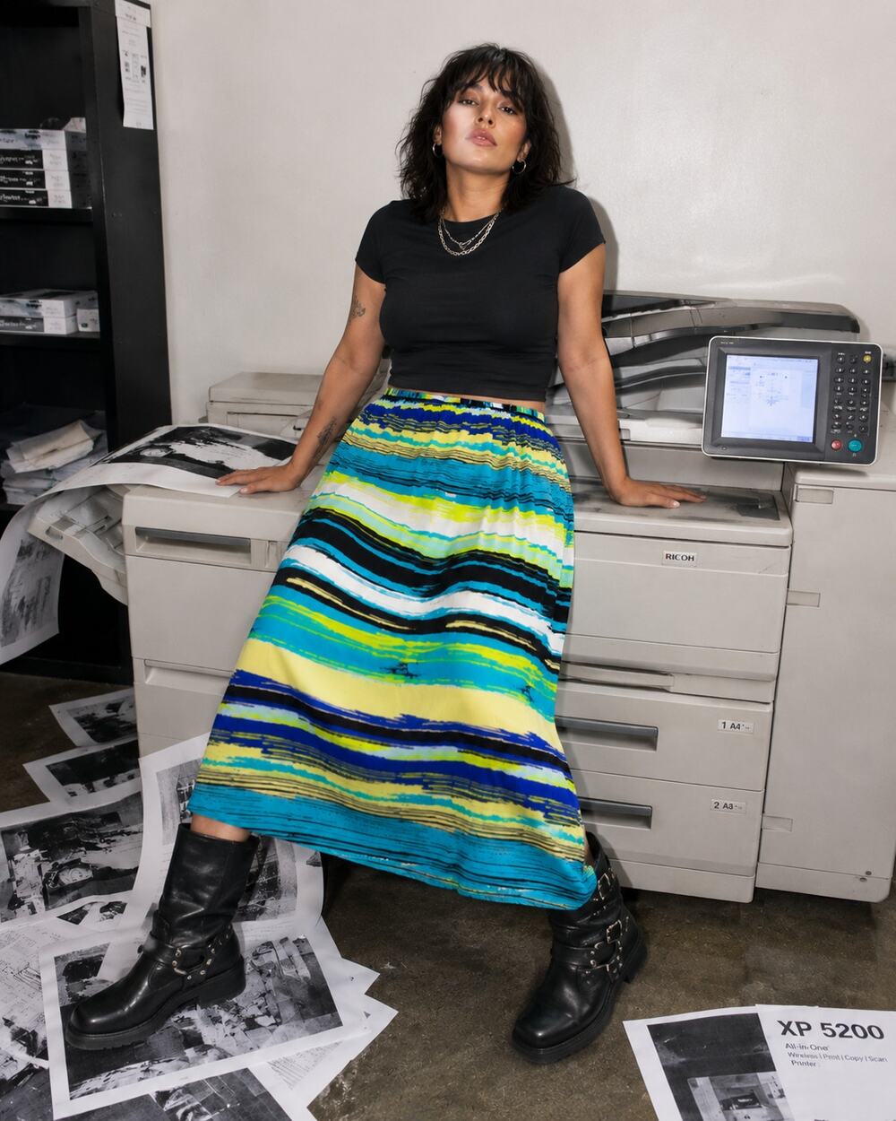 Cato XL Multicolor Striped Abstract Midi Skirt Blue Green Yellow